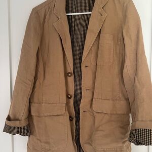 Alex Mill Tan Lightweight Linen Blazer with Notched Lapels and Gingham Lining